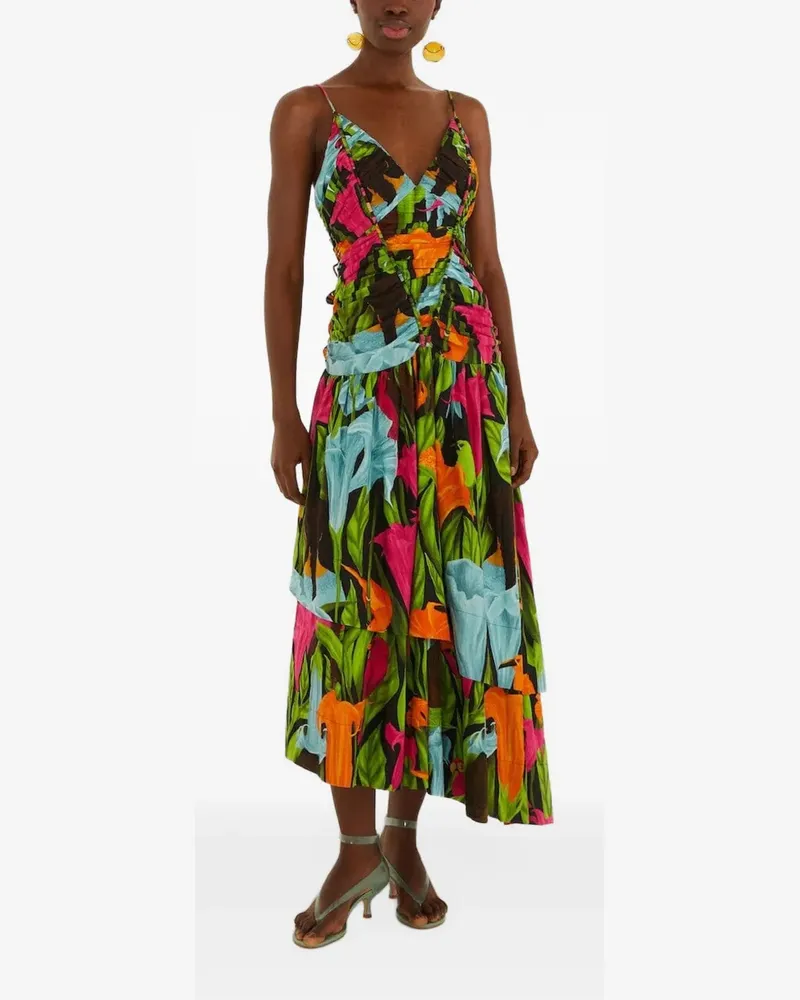 FARM Rio Gerafftes Mujeres y Flores Kleid - Schwarz Schwarz