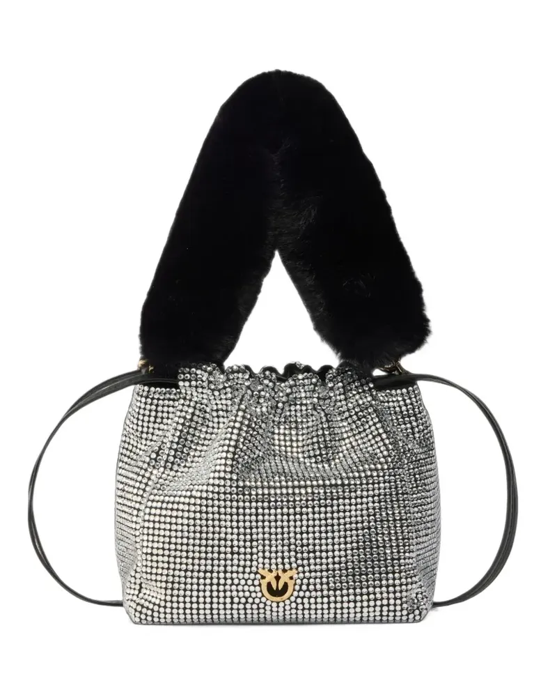 Pinko fully rhinestoned shoulder bucket bag with fur-effect shoulder strap - Silber Silber