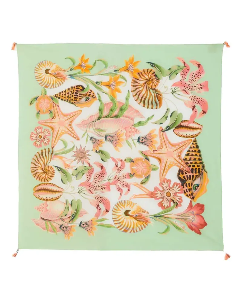 FARM Rio seashell-print tassel-trim sarong - Grün Grün