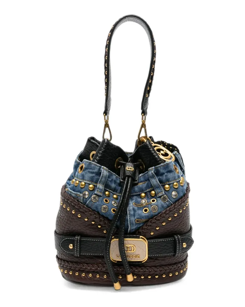 LA CARRIE stud-embellished denim-detail bucket bag - Braun Braun