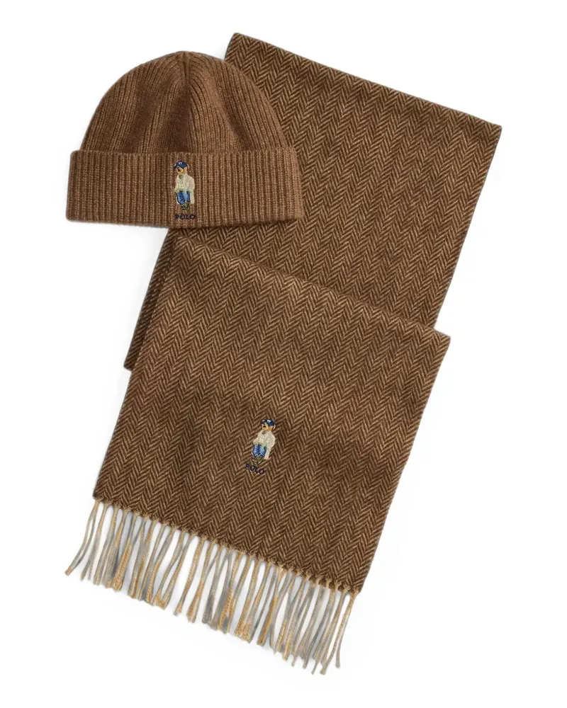 Ralph Lauren Polo Bear herringbone beanie hat and scarf set - Braun Braun