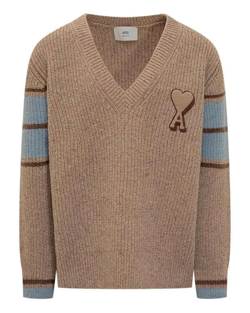 AMI Paris Gestreifter Pullover mit Herz-Logo - Braun Braun