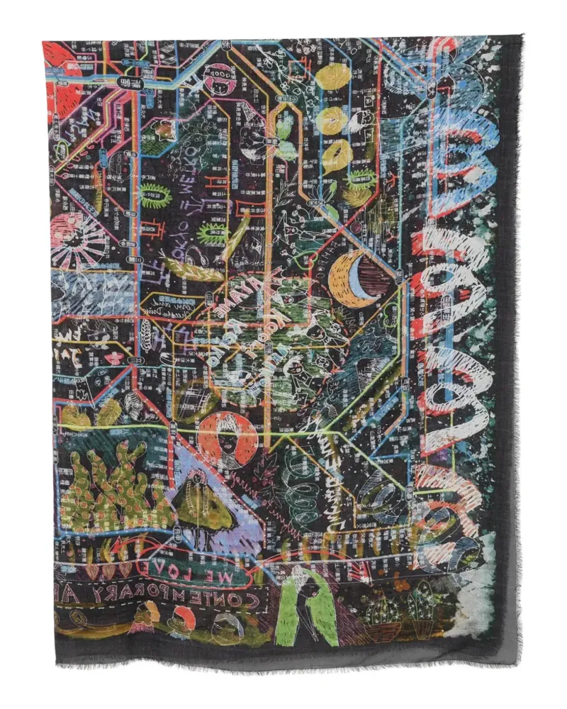 Faliero Sarti Ausgefranster Schal mit Print - Schwarz Schwarz