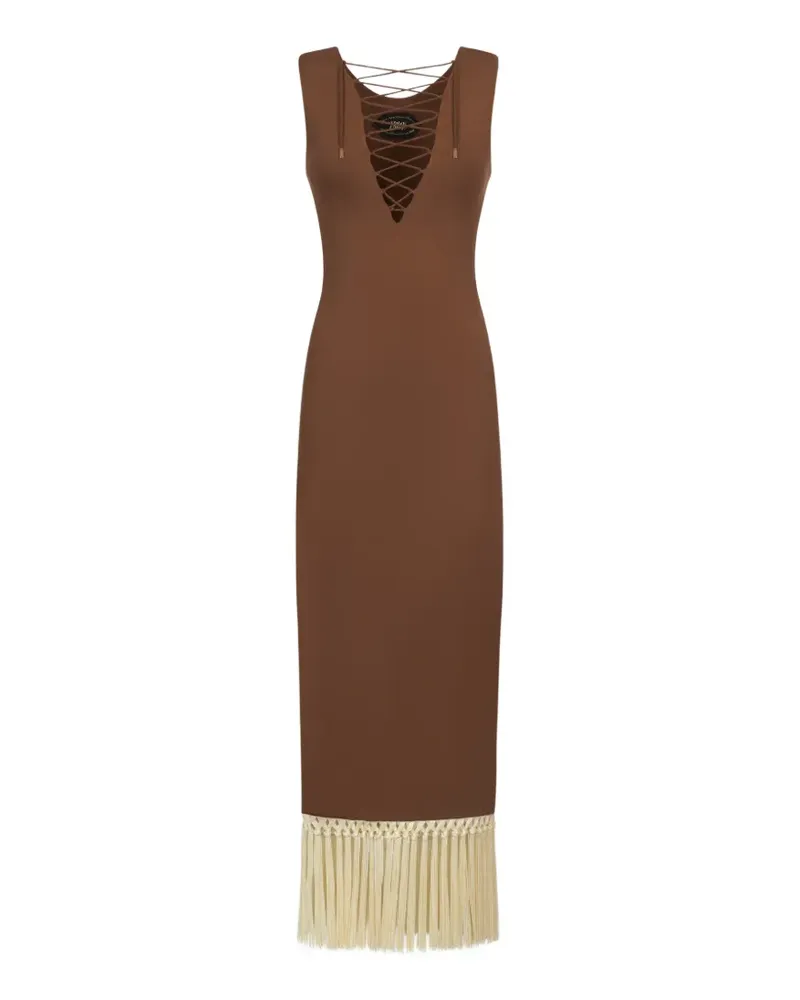 Taller Marmo Sahara lace-up fringe midi dress - Braun Braun