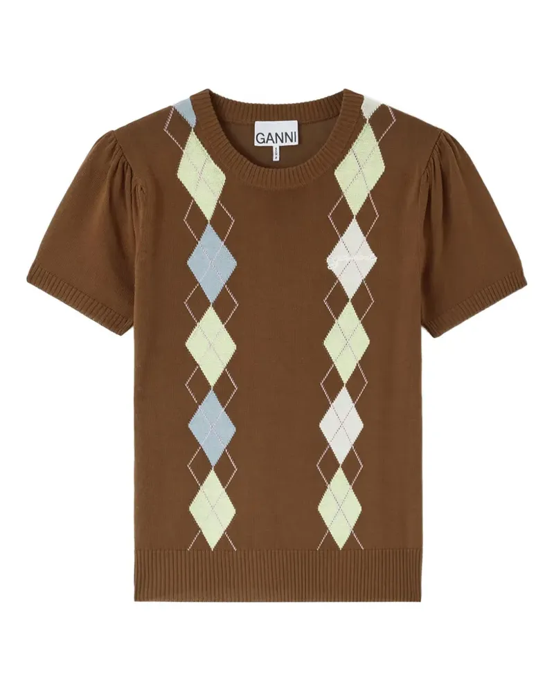 Ganni Puffärmel-T-Shirt mit Argylemuster - Braun Braun