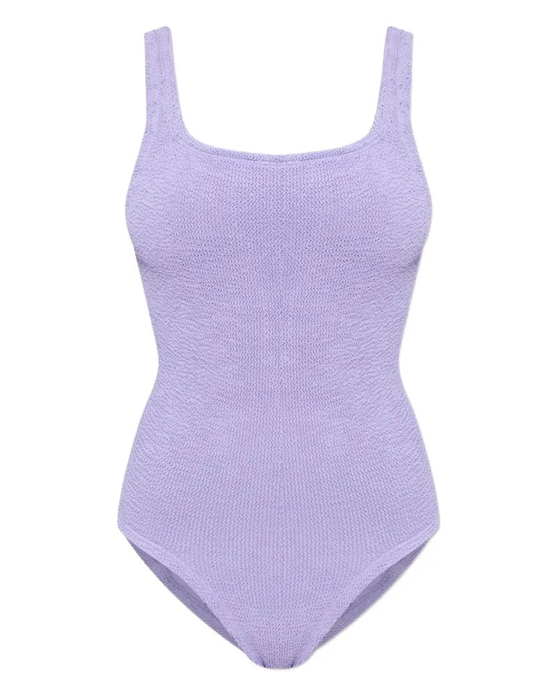 Hunza G Coverage Badeanzug in Knitteroptik mit eckigem Ausschnitt - Violett Violett
