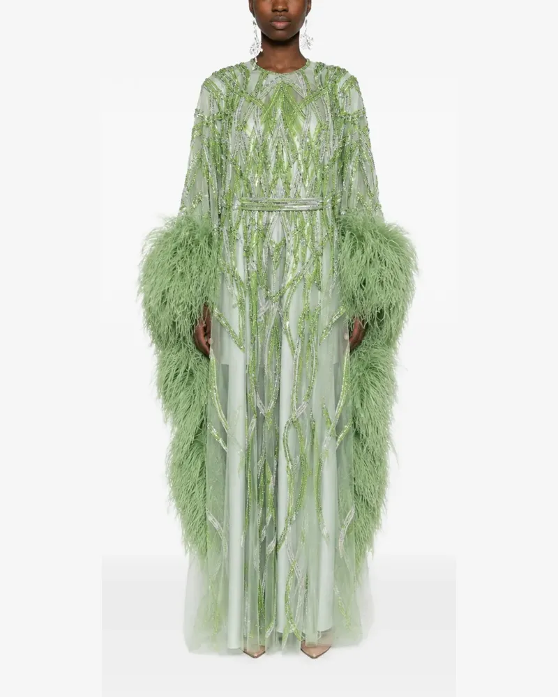 Dina Melwani feather-trim crystal-embellished maxi gown dress - Grün Grün