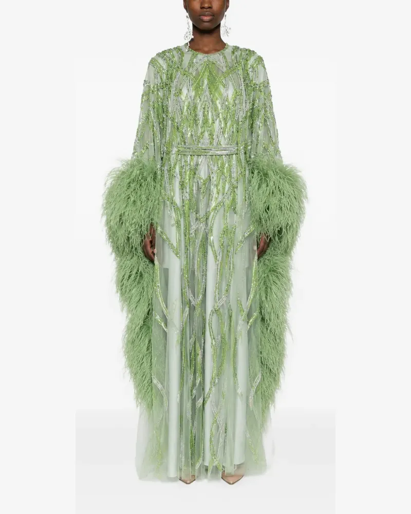 Dina Melwani Feather-Trim Crystal-Embellished Tulle Gown - Grün Grün