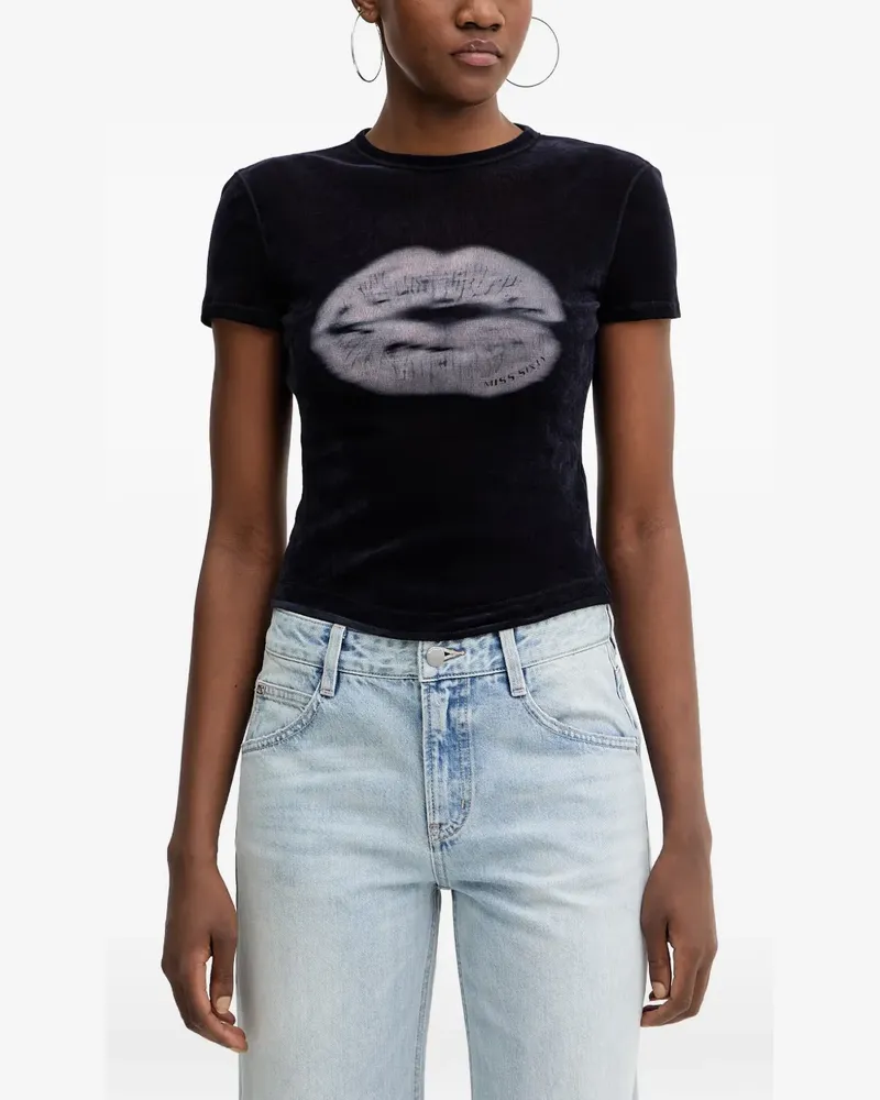 Miss Sixty lip-print flocked-texture T-shirt - Blau Blau