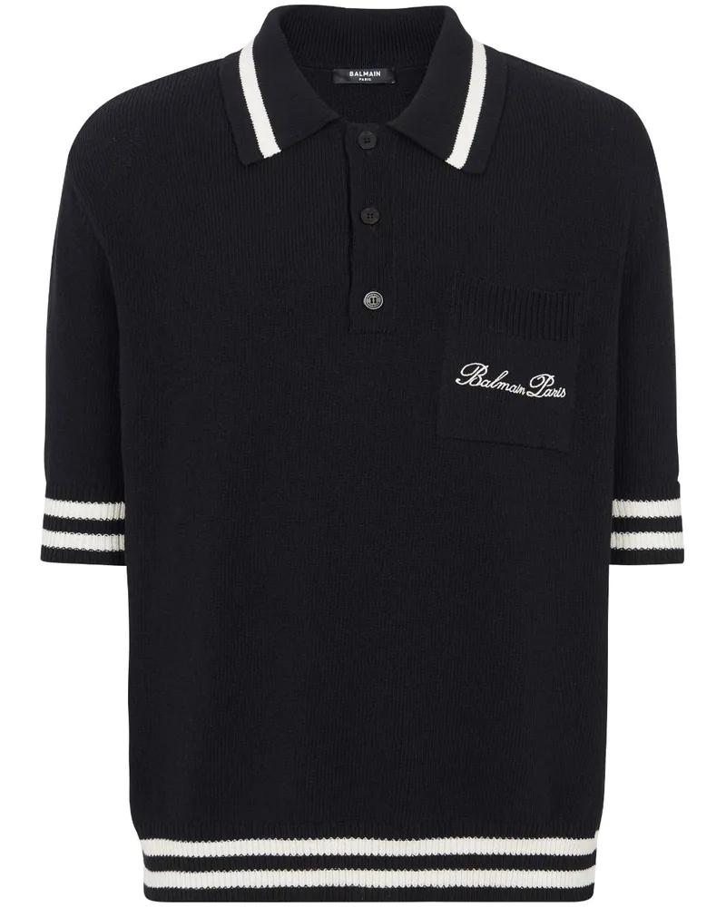 Balmain Gestreiftes Poloshirt mit Logo-Stickerei - Schwarz Schwarz