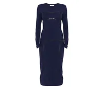 Langärmeliges Etuikleid mit Lederbesatz - Blau