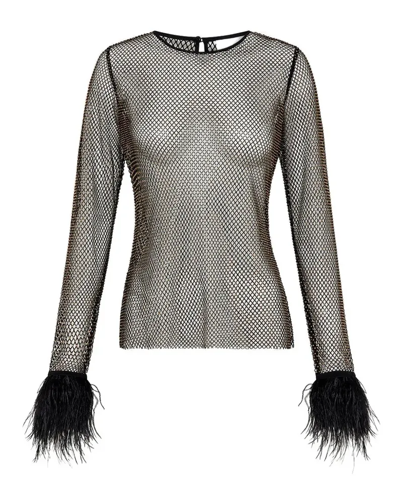 Camilla hotfix feather mesh top - Schwarz Schwarz