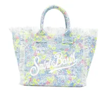 Vanity floral-print frayed cotton tote bag - Blau
