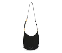 Ebene Hobo-Tasche aus Wildleder mit Fransen - Schwarz