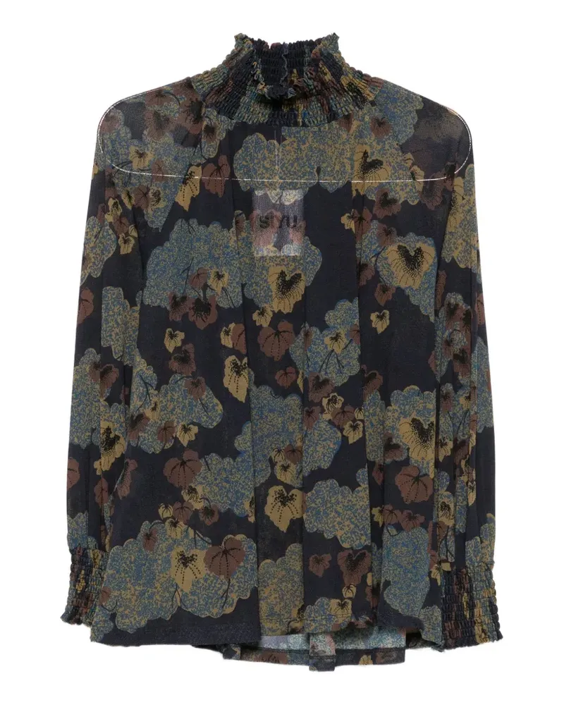 SIYU floral-print smocked-neck blouse - Blau Blau