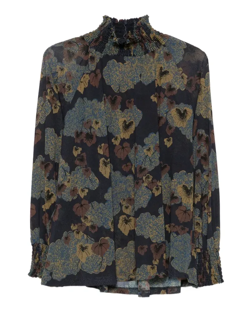 SIYU floral-print smocked-neck blouse - Blau Blau
