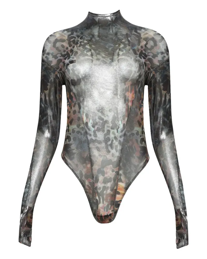 Thierry Mugler Stehkragen-Body mit Print - Braun Braun