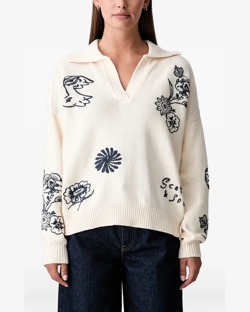 Scotch&Soda x Royal Delft floral-embroidered polo-collar sweater - Weiß Weiß