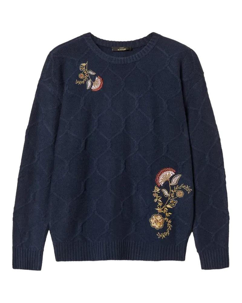 Twin-Set Pullover mit Rundhalsausschnitt und Blumenstickerei - Blau Blau
