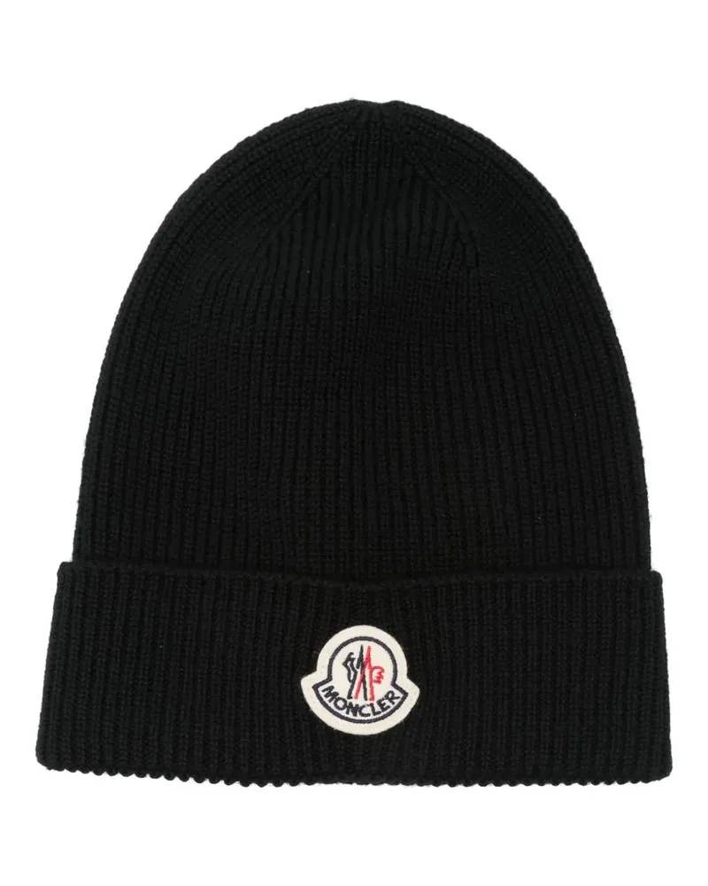 Moncler Gerippte Beanie mit Logo-Patch - Schwarz Schwarz