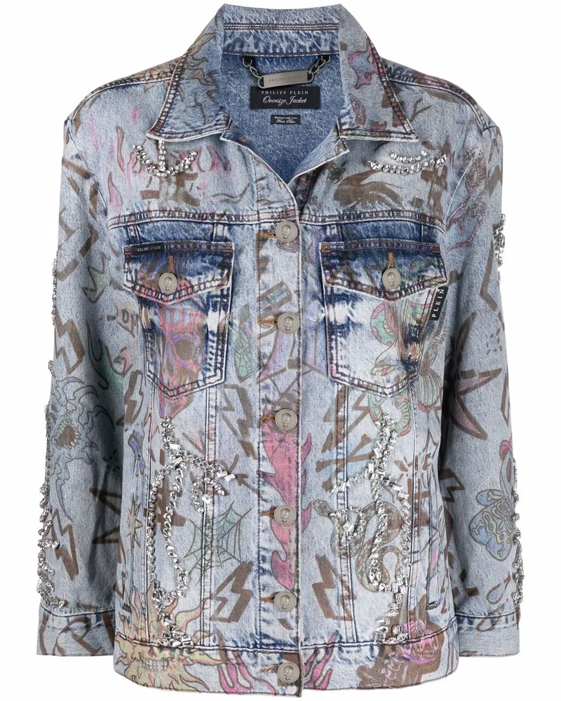 Philipp Plein Oversized-Jeansjacke mit Tattoo-Print Blau