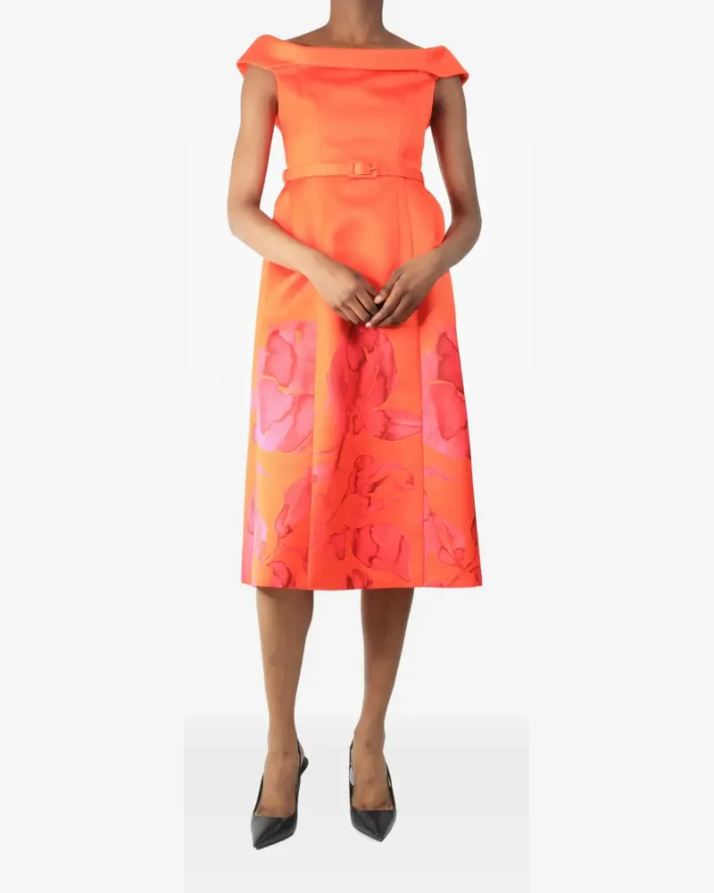 Huishan Zhang midi off-shoulder watercolour floral dress - Orange Orange