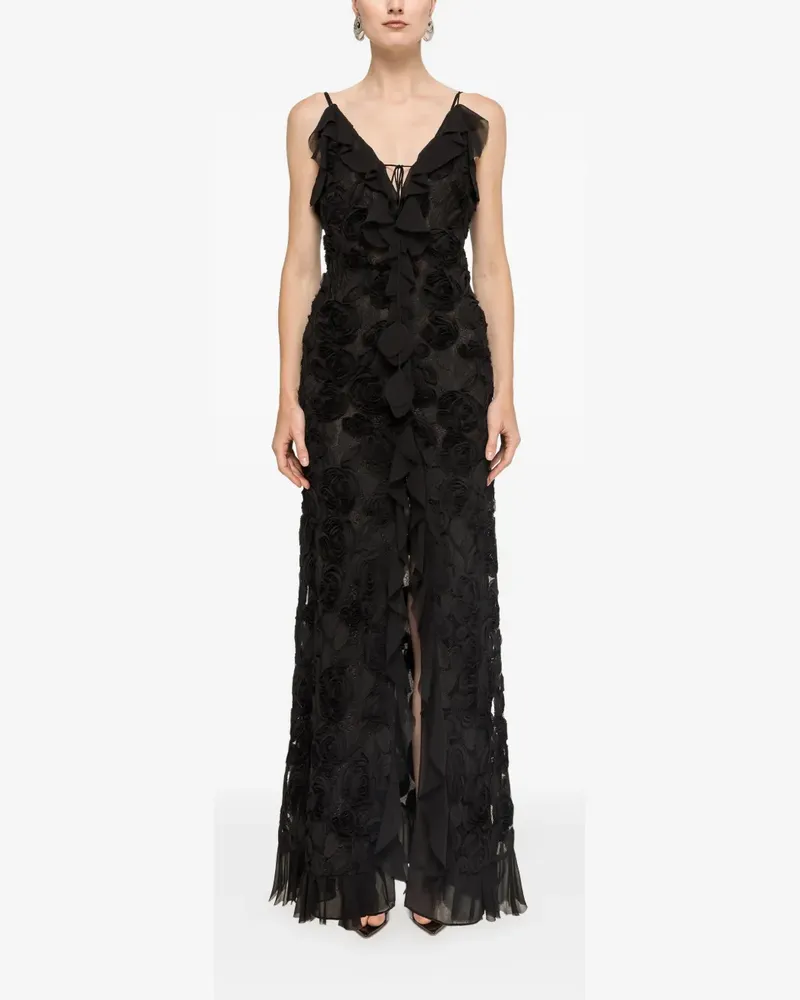 NISSA floral-embroidered ruffled maxi dress - Schwarz Schwarz