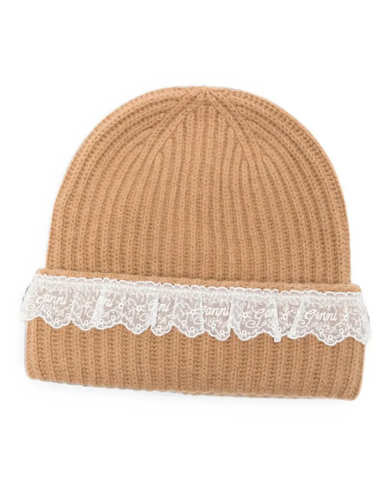 Ganni Gerippte Beanie mit Spitzenbesatz - Nude Nude