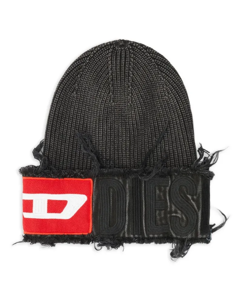 Diesel logo-patch frayed beanie hat - Schwarz Schwarz