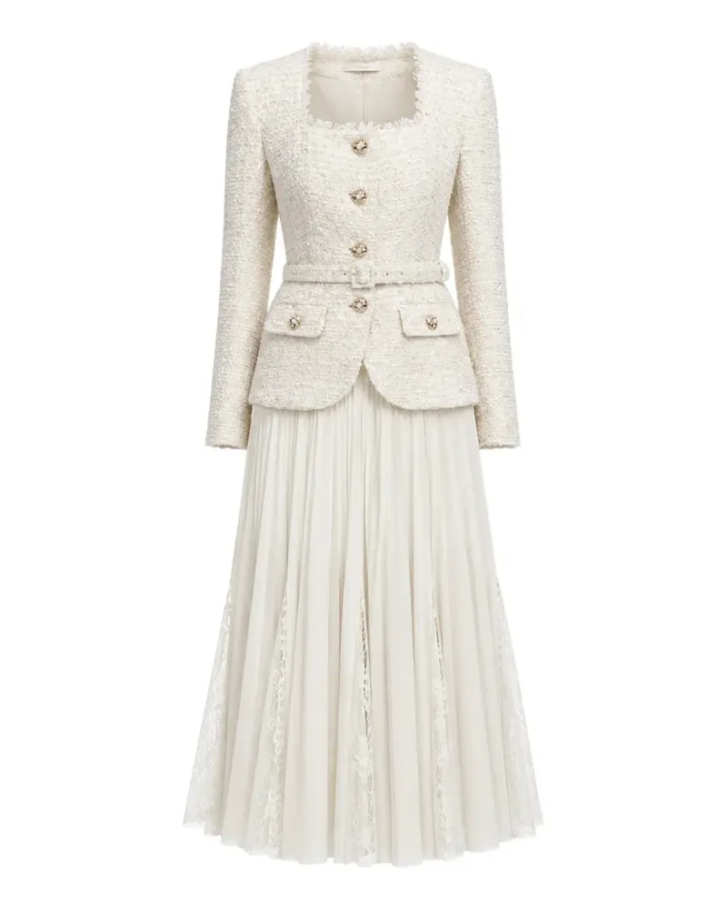 Self-Portrait cream tailored Boucle And Chiffon midi dress - Nude Nude