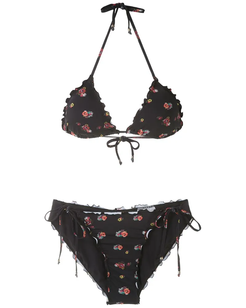 Amir Slama Triangel-Bikini mit Blumen-Print - Schwarz Schwarz