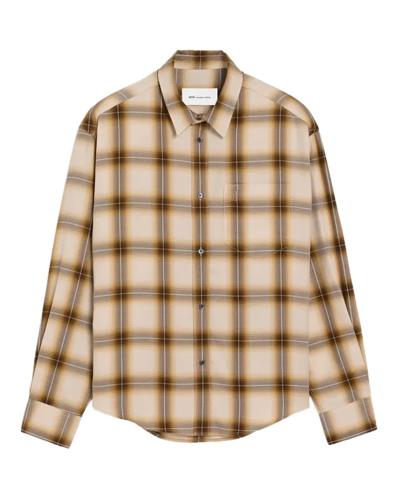 AMI Paris Weit geschnittenes Canvas-Hemd mit Karomuster und Ami de Coeur Detail - Nude Nude