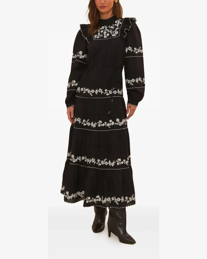 FARM Rio Gestuftes Kleid mit Blumenstickerei - Schwarz Schwarz