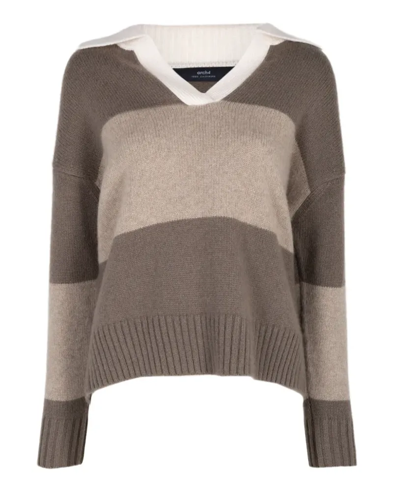 arch4 Gestreifter Pullover mit V-Ausschnitt - Braun Braun