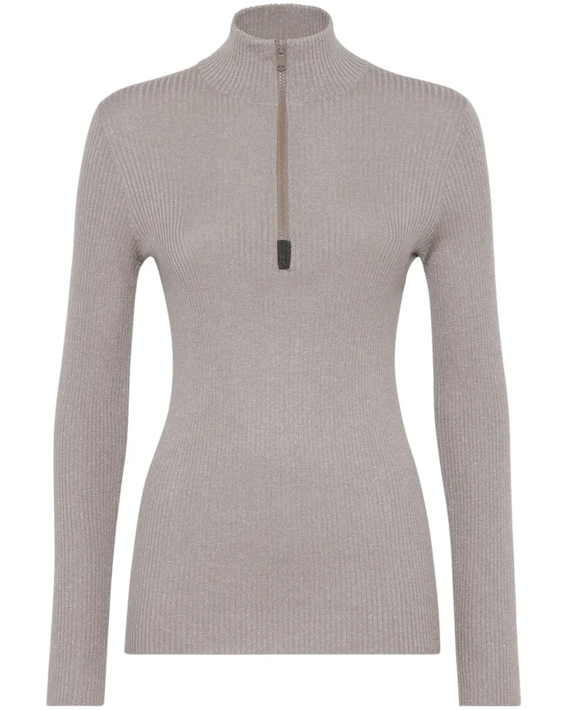 Brunello Cucinelli Geripptes Strick-T-Shirt mit Stehkragen - Nude Nude