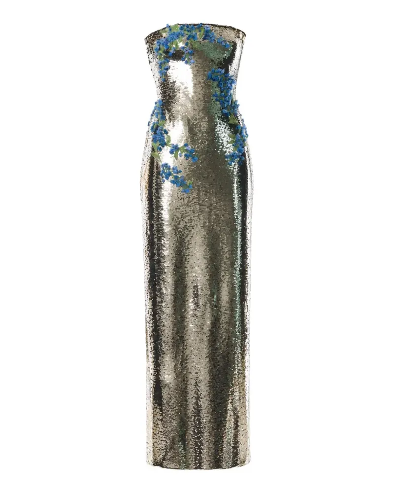 Monique Lhuillier Maxikleid mit Blumenapplikation - Silber Silber
