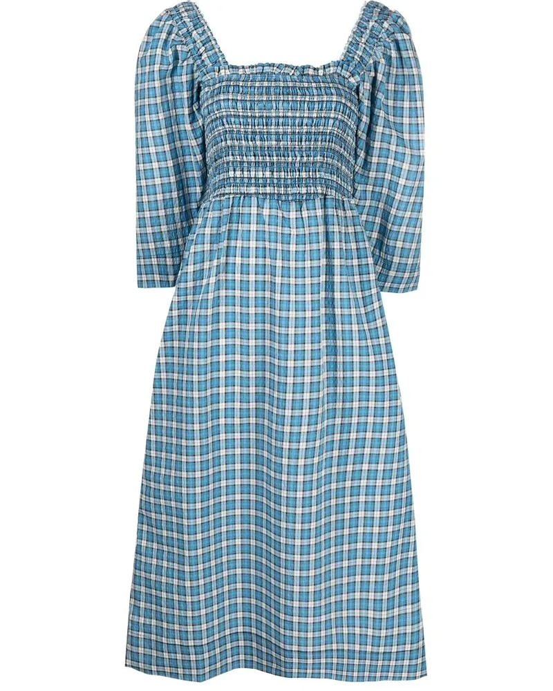 Ganni Kariertes Seersucker-Midikleid - Blau Blau