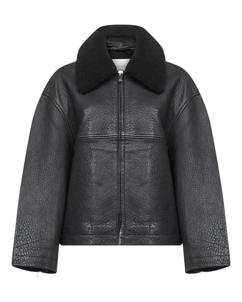 Studio Nicholson Erie shearling-collar zip-up leather coat - Schwarz Schwarz