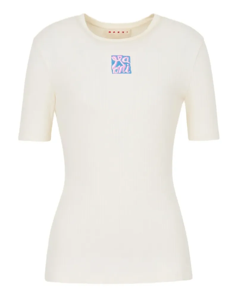 Marni Geripptes T-Shirt mit Logo-Stickerei - Nude Nude