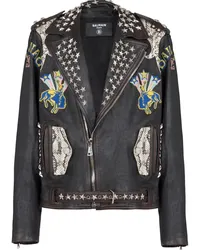 Balmain Lederjacke mit Logo-Stickerei Schwarz