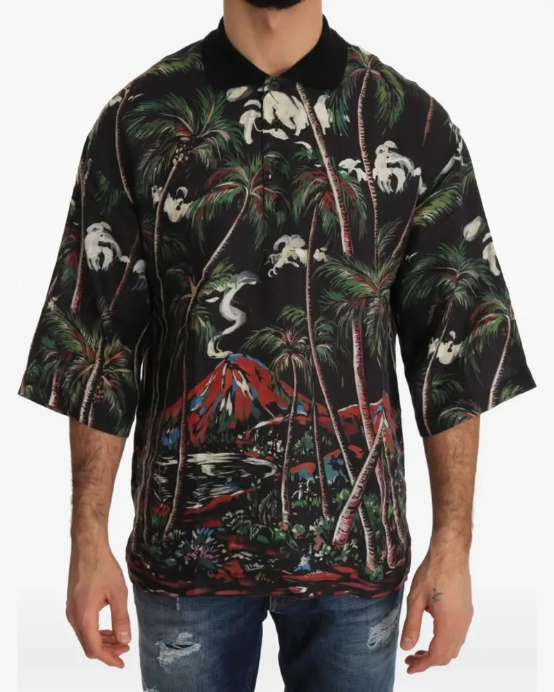 Dolce & Gabbana Poloshirt mit tropischem Print und Vulkan-Print - Schwarz Schwarz