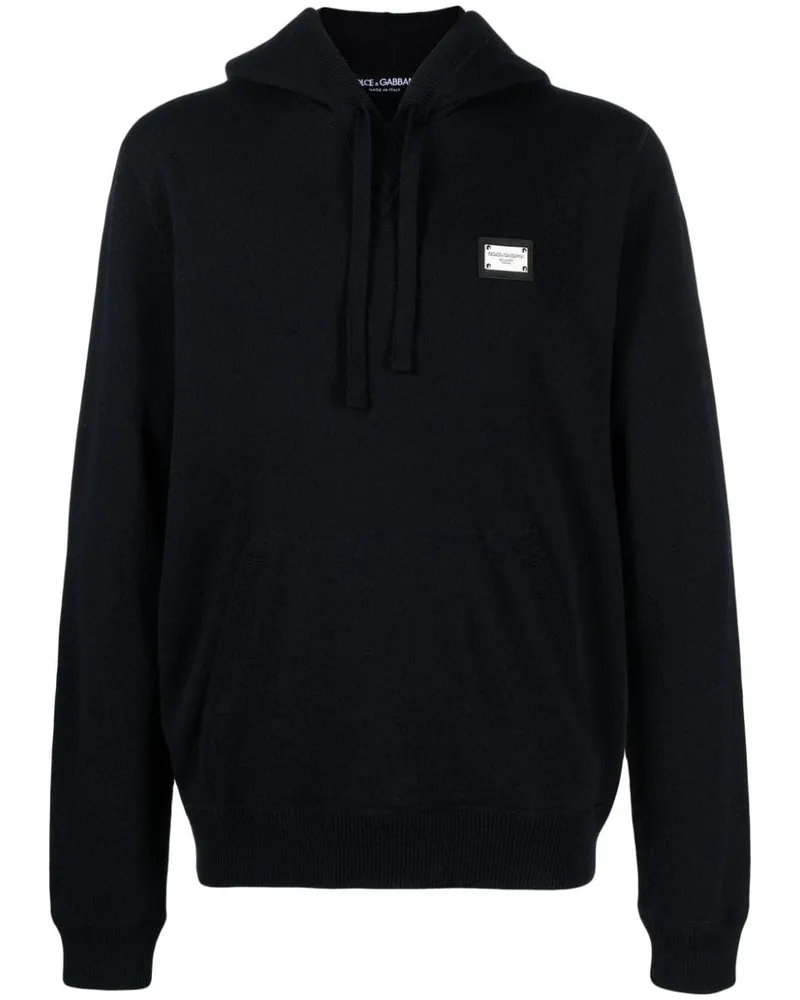 Dolce & Gabbana Gestrickter Hoodie mit Logo-Schild - Blau Blau