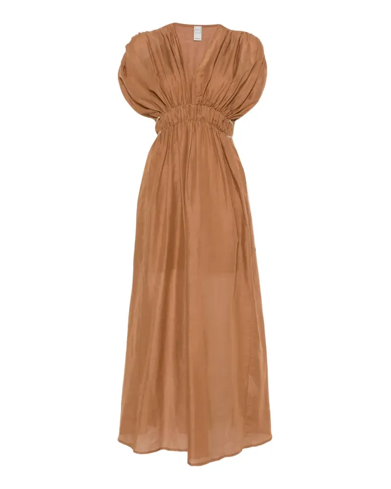 120% Lino gathered V-neck maxi dress - Braun Braun