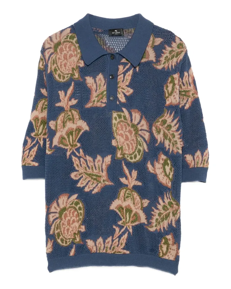 Etro floral-intarsia mesh-knit polo top - Blau Blau