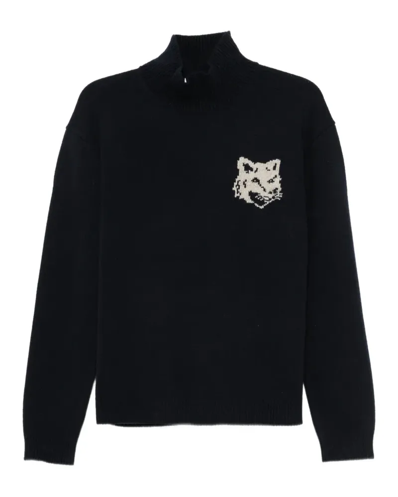 Kitsuné Stehkragen-Pullover mit Fuchs-Intarsie - Blau Blau