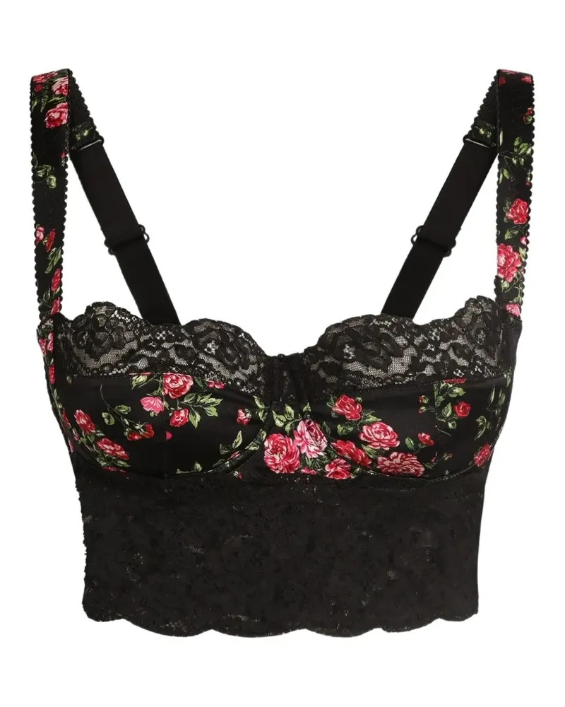 Dolce & Gabbana Kleiner Satin- und Spitzen-Balconette-BH mit Rosen-Bouquet-Print - Schwarz Schwarz