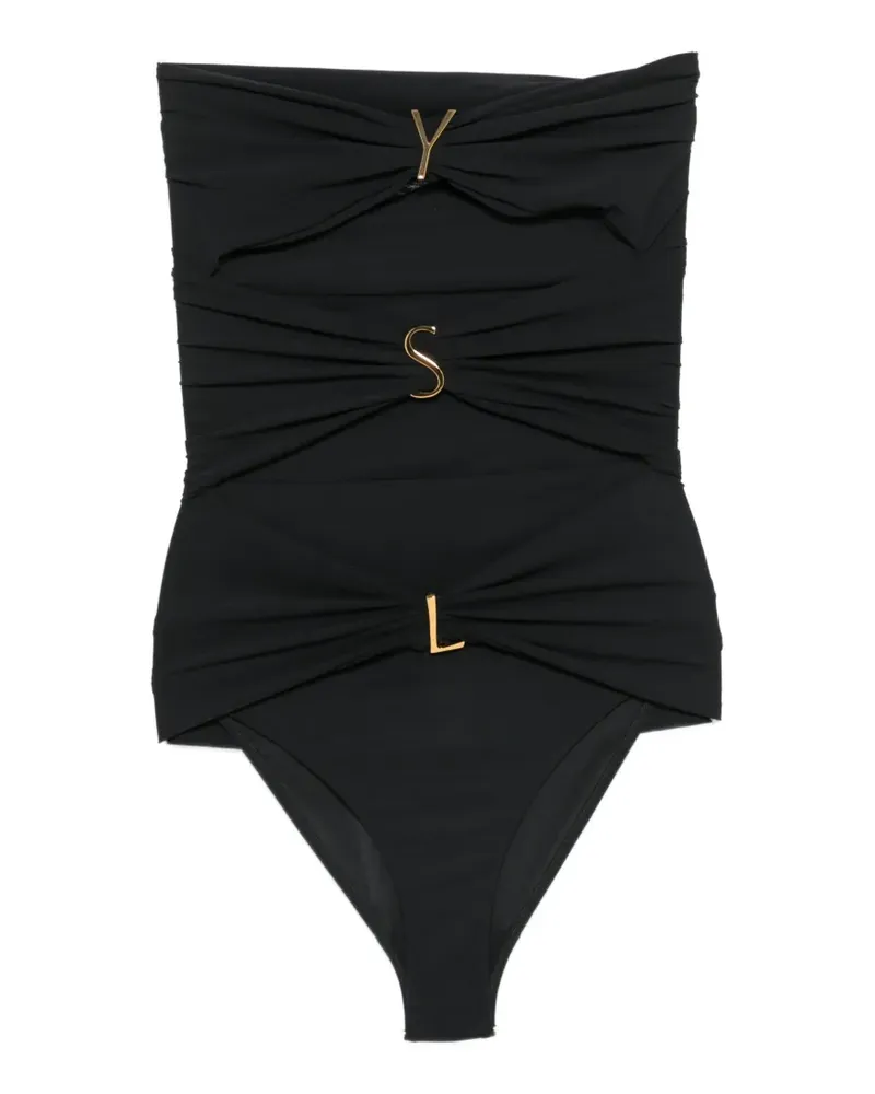 Saint Laurent Geraffter Badeanzug mit Logo-Schild - Schwarz Schwarz