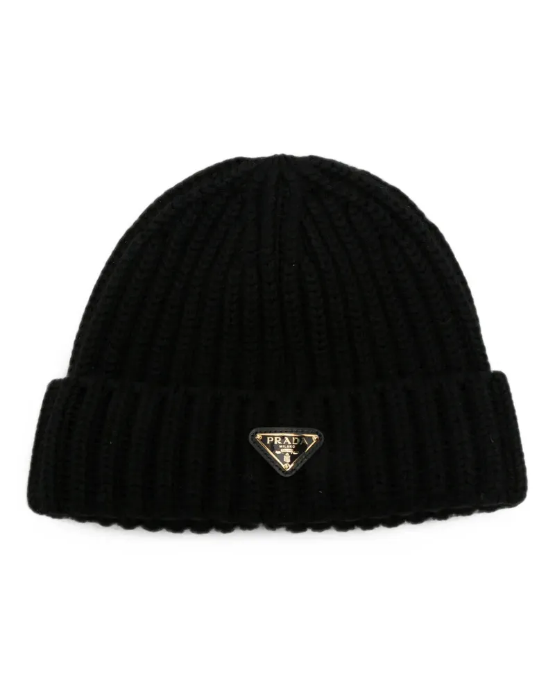 Prada Gerippte Beanie mit Logo-Schild - Schwarz Schwarz