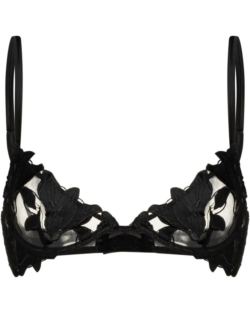 Fleur Du Mal Plunge-BH mit Lilienstickerei - Schwarz Schwarz