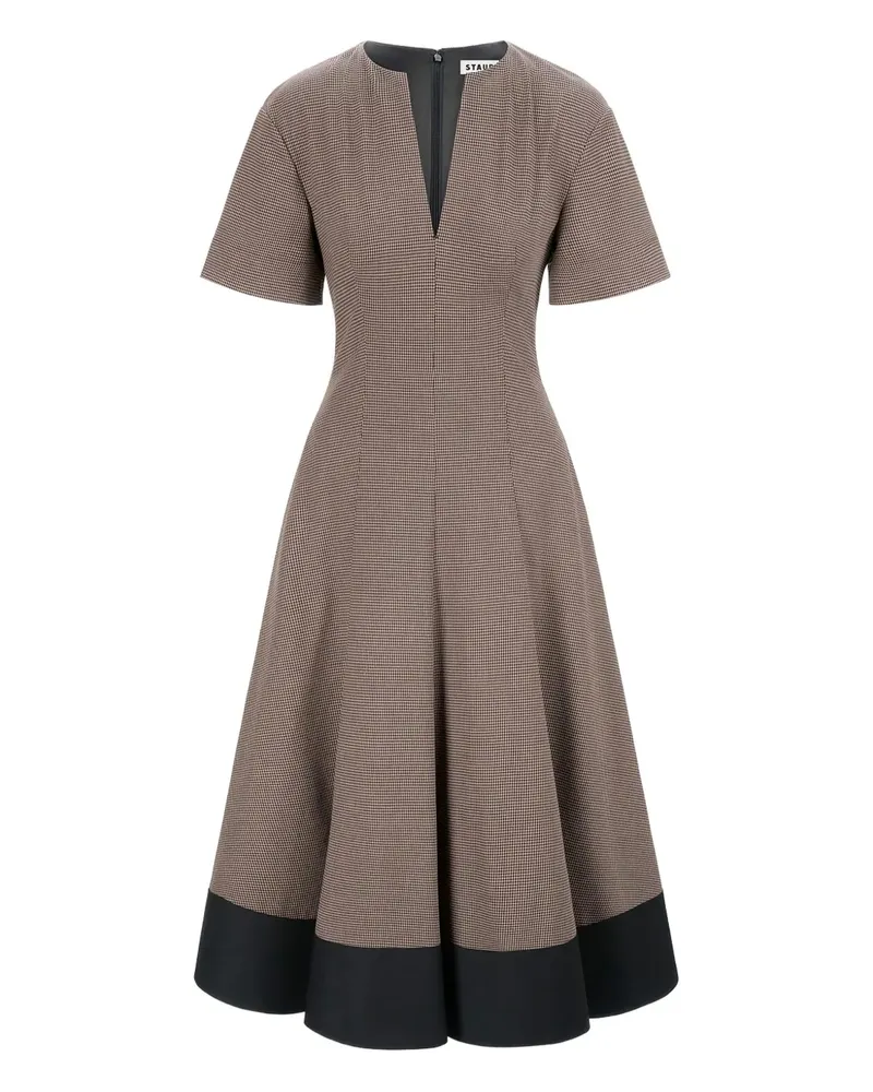 STAUD V-Ausschnitt-Midikleid mit Hahnentrittmuster - Braun Braun